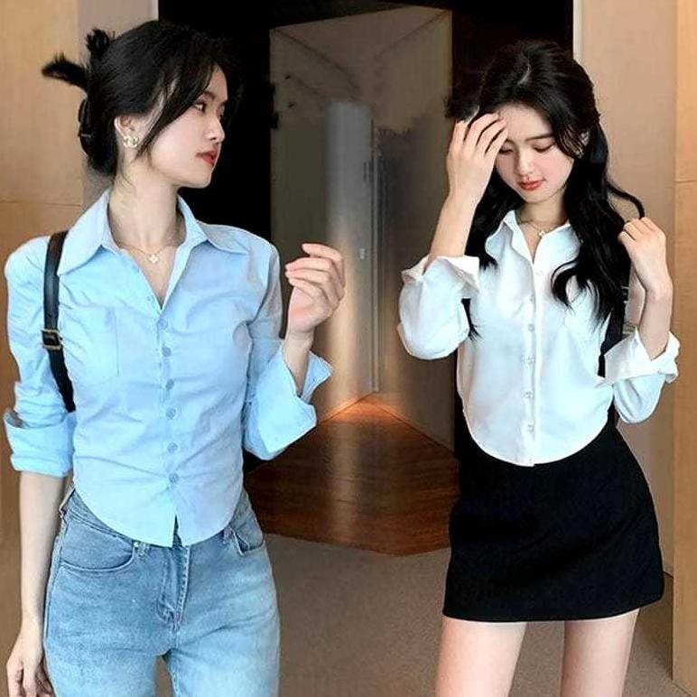 Diskont Kemeja Crop Top Korean Style Kemeja Wanita Lengan Panjang / Kemeja Crop Top Lengan Panjang