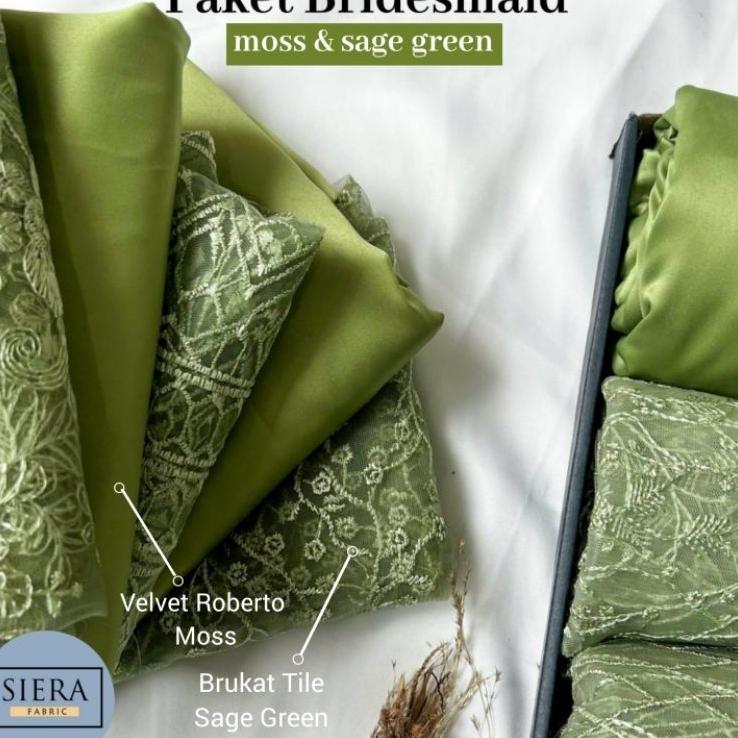 Paket Lengkap Kain Bridesmaid Premium / Kain Satin Velvet Premium Moss + Brukat Tile Sage Green