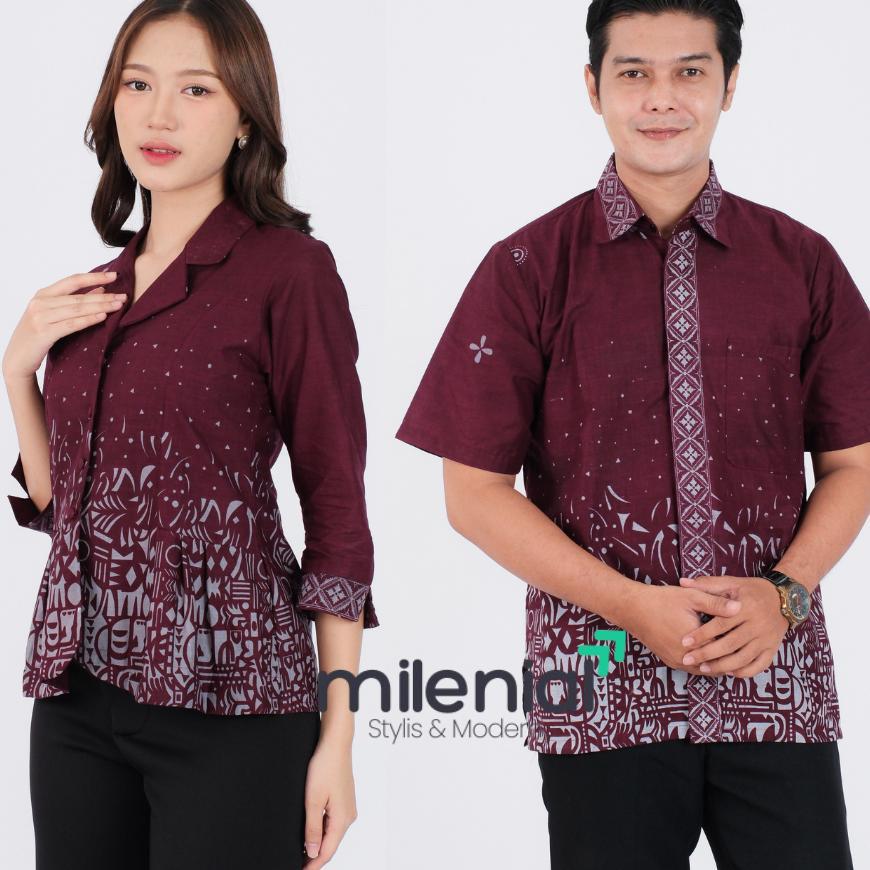 Milenial Batik Couple Atasan Batik Wanita Batik Pria Kemeja Blouse Kol Ungu