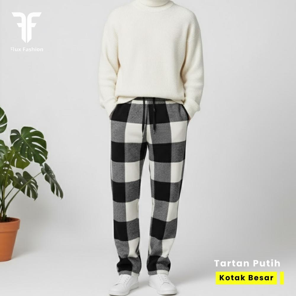 Discount Tartan Celana Panjang Unisex Motif Kotak Kotak Putih Hitam / Celana Tartan Korea Style /Pri