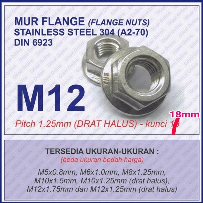 MUR FLANGE SS304 - M12 X1.25MM DRAT HALUS KUNCI 19 - STAINLESS 304 TERBAIK
