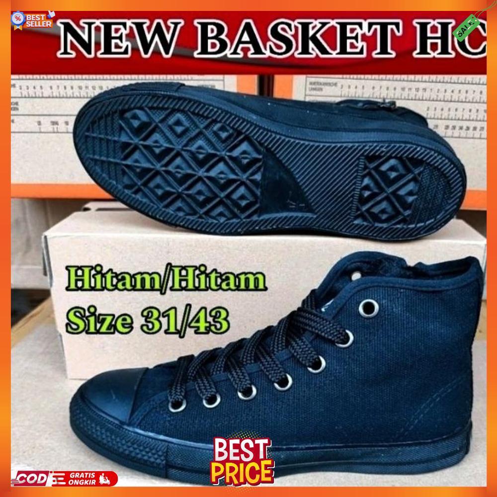 SEPATU SEKOLAH KERJA KULIAH PRIA WANITA HITAM POLOS NEW BASKET HC TINGGI TALI SIZE 31 SD 42 ORIGINAL