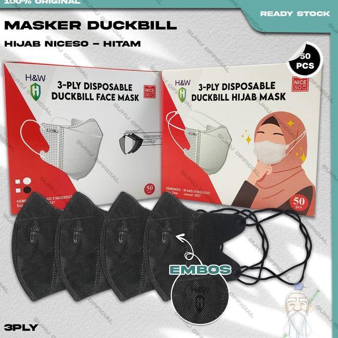 Masker DUCKBILL HIJAB HEADLOOP 10PCS Hitam Black Duckbil Garis