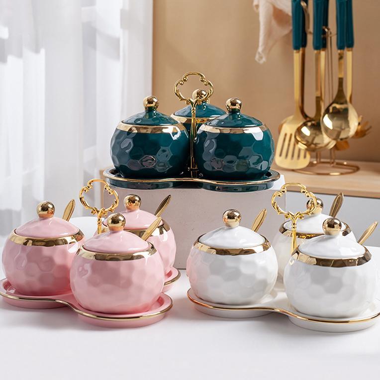 Ashome Tempat Bumbu Set Keramik Bulat List Gold Mewah / Set Seasoning Jar Elegan / Tempat Bumbu Dapu