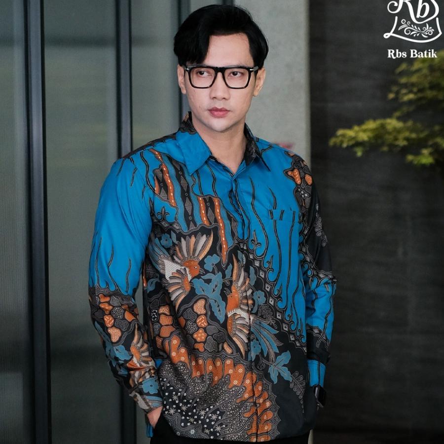 Rbs Batik - Kemeja Batik Pria Dewangga Slimfit Lapis Furing Warna Biru Kombinasi Hitam Dan Oren Moti