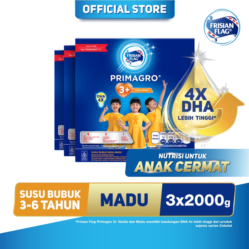 Frisian Flag Primagro 3+ Madu 2000 gr Susu Formula Pertumbuhan Anak - 3 Pcs