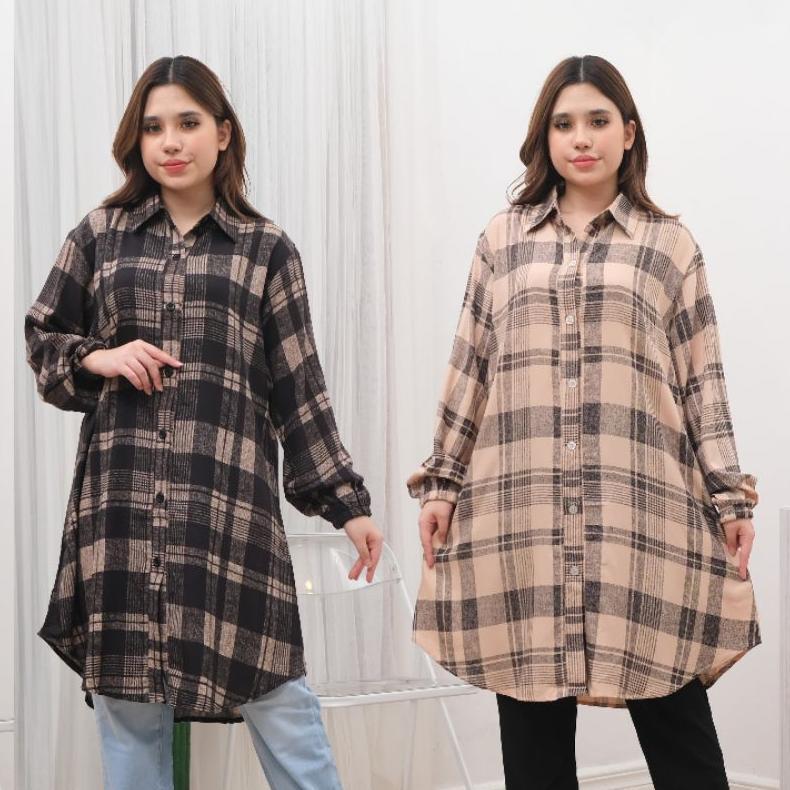 Diskon Tunik Kemeja Wanita / Bahan Rayon Premium Salur & Kotak  Ld 110 & Ld 120 Oversize Lengan Panj