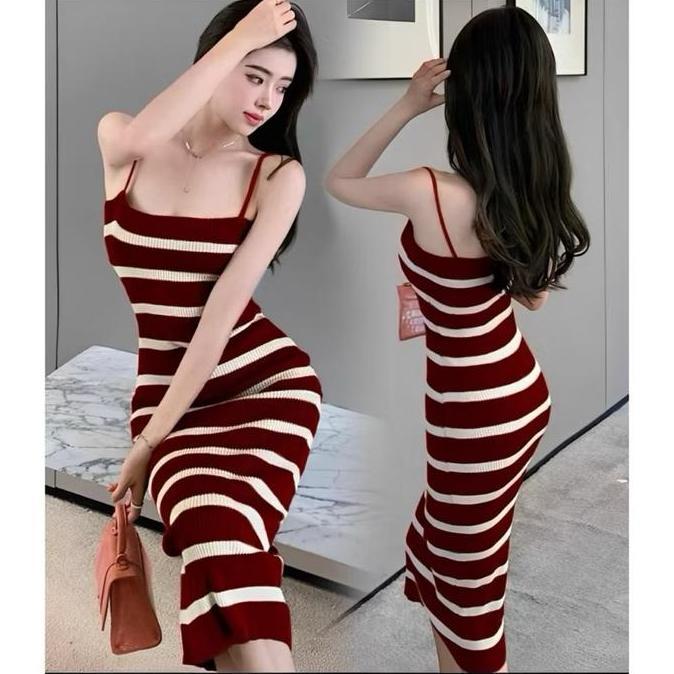 Dress Salur Wanita Rajut Panjang Nyaman Tebal Allshop
