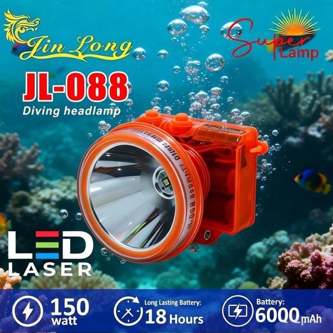 Senter Kepala Selam Jinlong JL 088 Daya 150 Watt Baterai 6000 Mah Durasi 18 Jam dan Kedalaman 30 Met