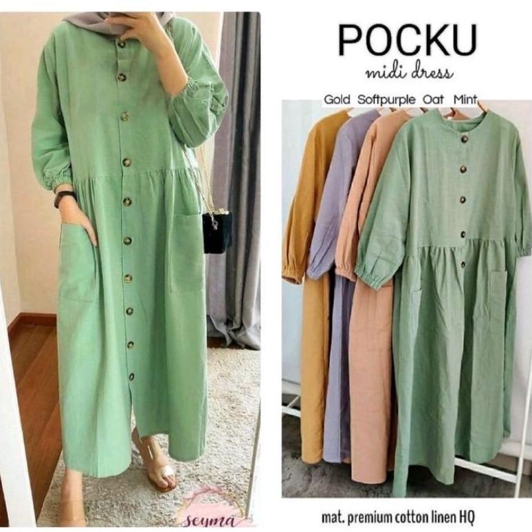 Berkualitas Midi Dress Polos Katun Linen Rami Premium Pocku Midi Dress Katun Linen