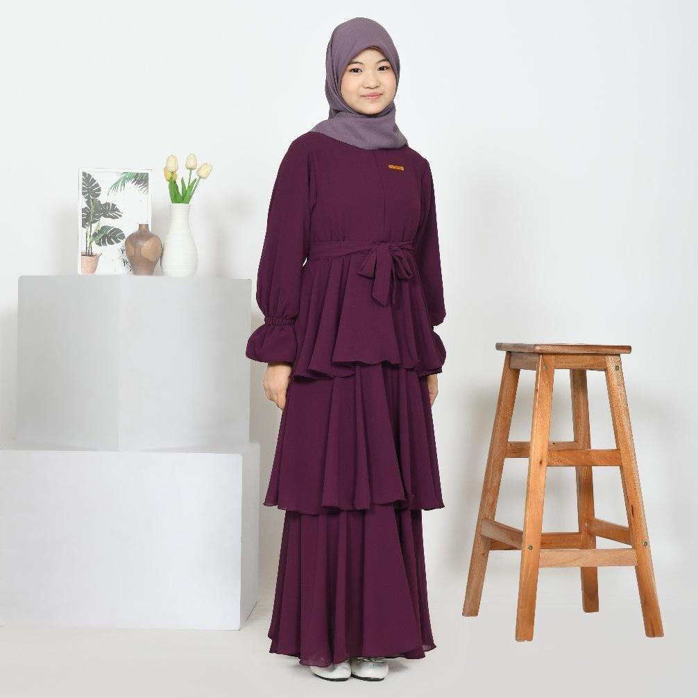 hemat elsa gamis anak perempuan remaja tanggung burgundy ceruty babydoll kekinian long dress muslim