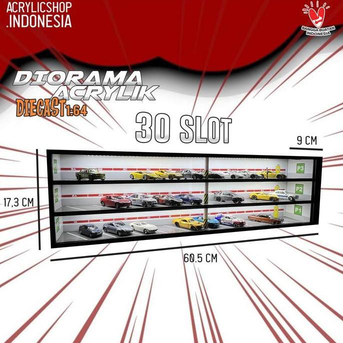 moqeelcuan / Diorama Acrylic Parking Theme with LED / Diecast 1:64 / Rak Hotwheels / Box Display Akr