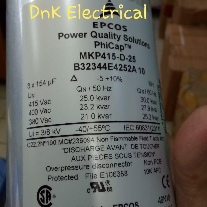 CAPACITOR/CAPASITOR/KAPASITOR 25KVAR/25 KVAR 415V EPCOS MKP415-D-25 ORIGINAL DAN TERPERCAYA