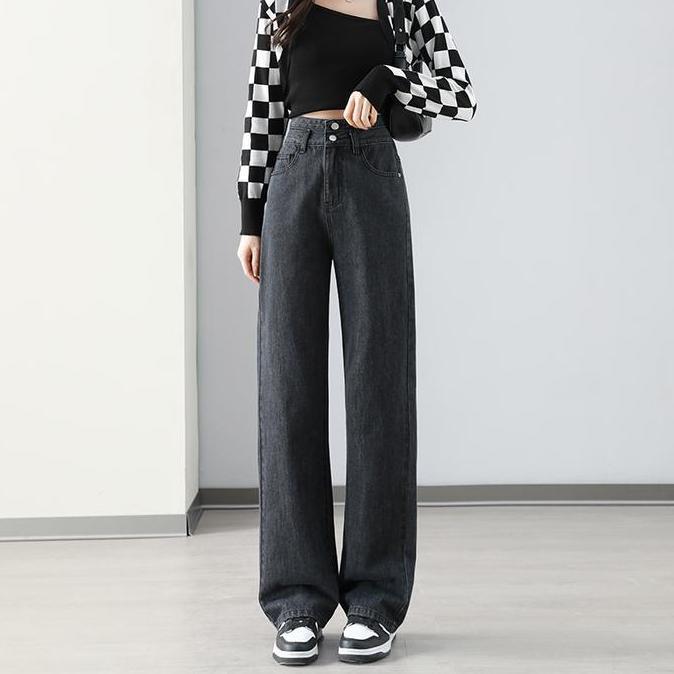 [Anniversary Picks][MEIN] Urban highwaist Abu-abu Biru Putih Full Jeans Wanita Celana Panjang Cewek 