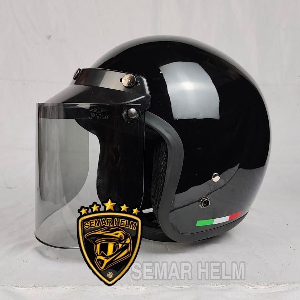 NEW HELM BOGO DEWASA CLASIK TIGA GARIS KACA DATAR HITAM SNI Helm Retro wanita pria remaja dewasa [te