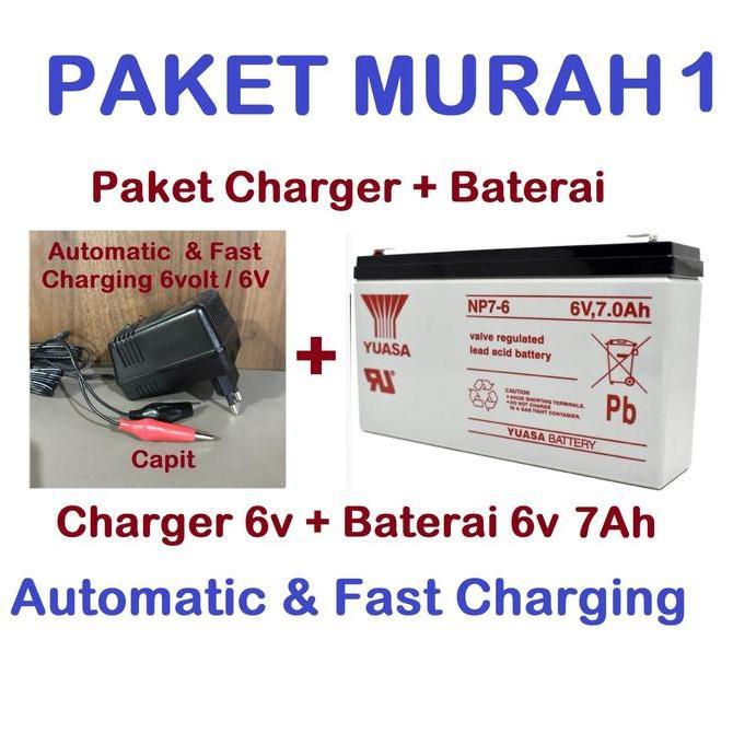 Yuasa Paket Charger Volomax 6V + Baterai 7Ah 7.0Ah 6 Volt Fast Charging Otomatis untuk Mobil Motor M