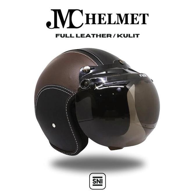 Helm Bogo Retro Cokelat Tua Full Leather/Kulit Kaca Polos Biasa SNI Pria/ Wanita