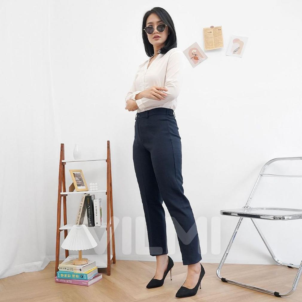 Harga Miring Vilmi Celana Kerja Kantor Wanita Celana Formal Bahan Kancing Resleting Pinggang Karet S