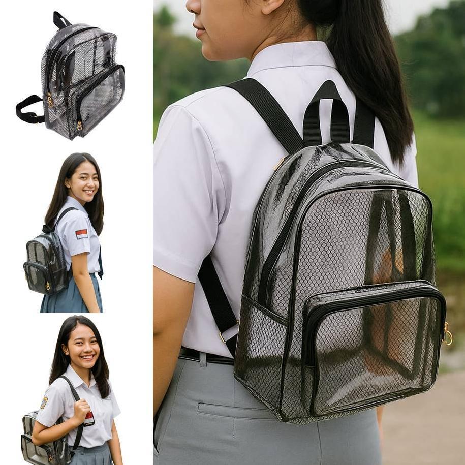 Ransel Mika Transparan | Grosir Tas Transparan Bening Kerja + Furing Jaring Jala - Tas Pvc Konser