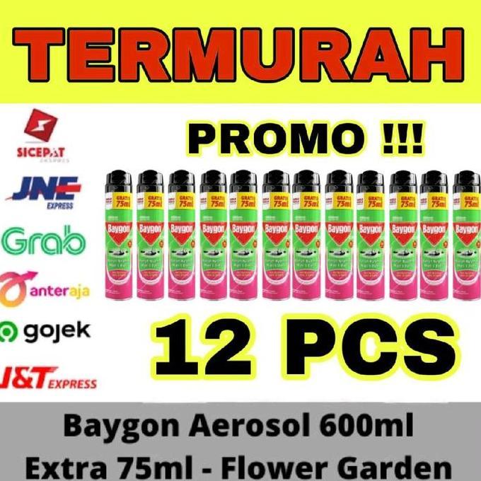 12 PCS BAYGON AEROSOL FLOWER GARDEN ISI 600+75 ML ANTINYAMUK PEMBASMI NYAMUK PEMBASMI KECOA PEMBASMI