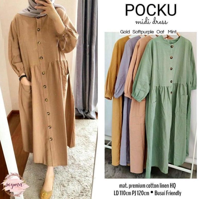 Berkualitas Midi Dress Polos Katun Linen Rami Premium Pocku Midi Dress Katun Linen