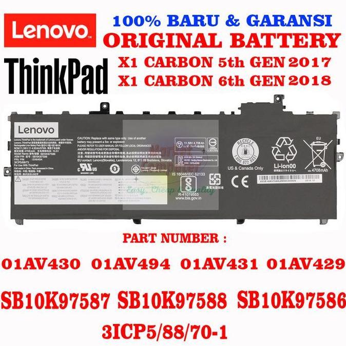 Internal Battery Baterai Original Lenovo X1 Thinkpad Carbon Gen 5 6