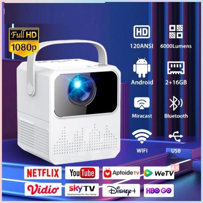 T2 Mini Proyektor Android Tv 1080P Smart Projector 6000 Lumen Android Portable Mirroring Hp Home