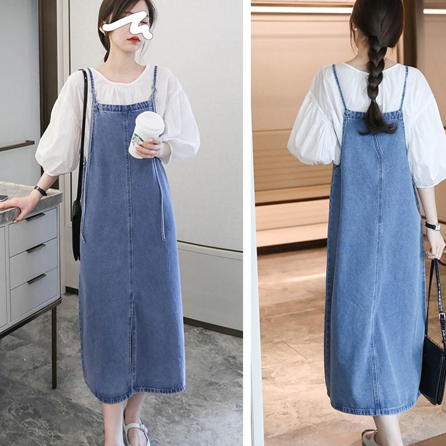 Overall Jeans Wanita Rok Jeans Panjang Maxi Dress Korean Style Long Dress Jumpsuit Fashion Wanita Ju