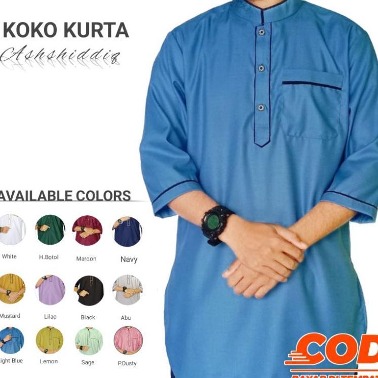 Koko Kurta Ashshiddiq - Baju Koko Kurta Pria Dewasa Lengan 3/4 Warna Mustard Putih Hijau Botol Maroo