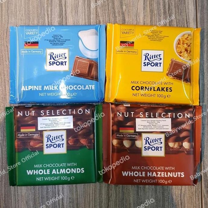 Ritter Sport Chocolate Coklat Rasa Almond /Milk Chocolate/ Corn Flakes