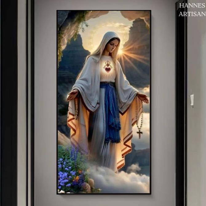 Lukisan Porcelain Painting Premium - Bunda Maria LED - 5D Diamond Crystal - Hiasan Dinding Meh