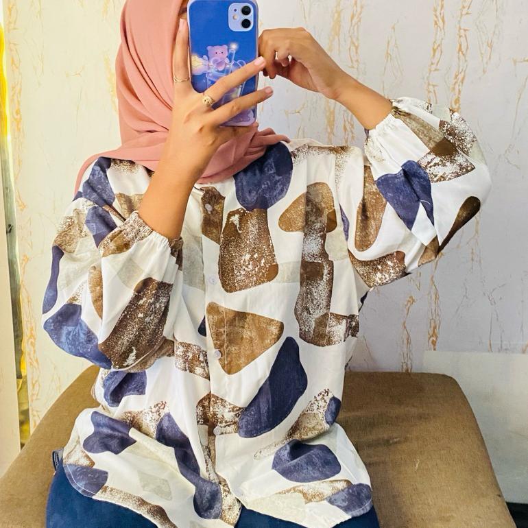 Premium Blouse Atasan Rayon Kerah Sanghai Lengan Panjang Balon 2026