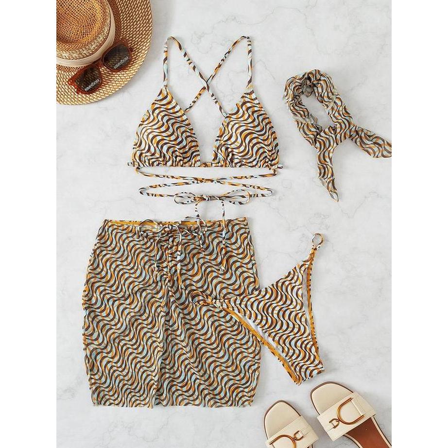 Bikini 4 Piece Bra Segitiga dengan Outer dan Bandana Tali Silang Punggung Motif Ombak