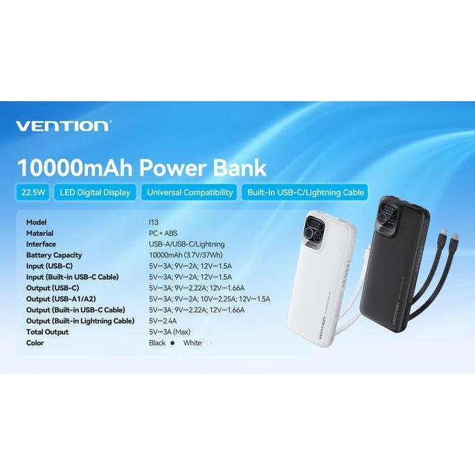 Paor- Vention Powerbank Built-In Cable Usb C & Lhtning 22.5W Led Display 10000Mah 20000Mah