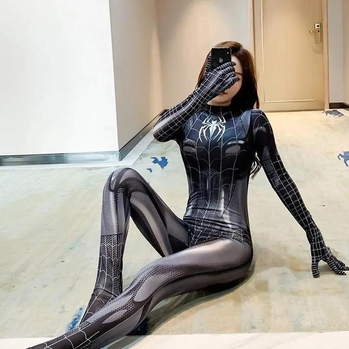 Halloween Dewasa Wanita Superhero Spiderman Kostum Set Jumpsuit Lingerie Cosplay