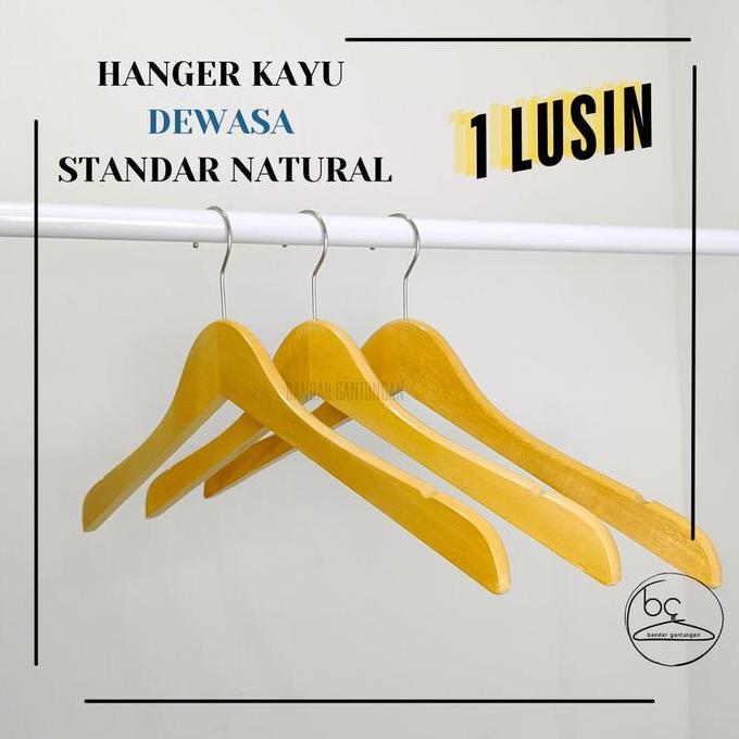 1 Lusin Hanger Kayu Natural SUPER TEBAL Wood Hanger Dewasa Hanger Distro Gantungan Baju Kayu Warna T