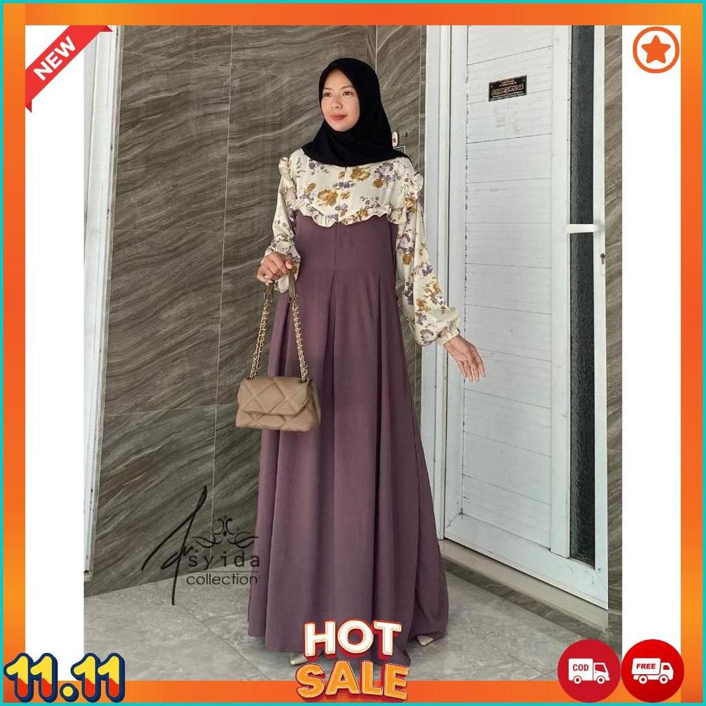 New Dress Crinkle Motif Bunga Gamis Crinkle Motif Kombinasi Model Terbaru Dress Premium [G4]