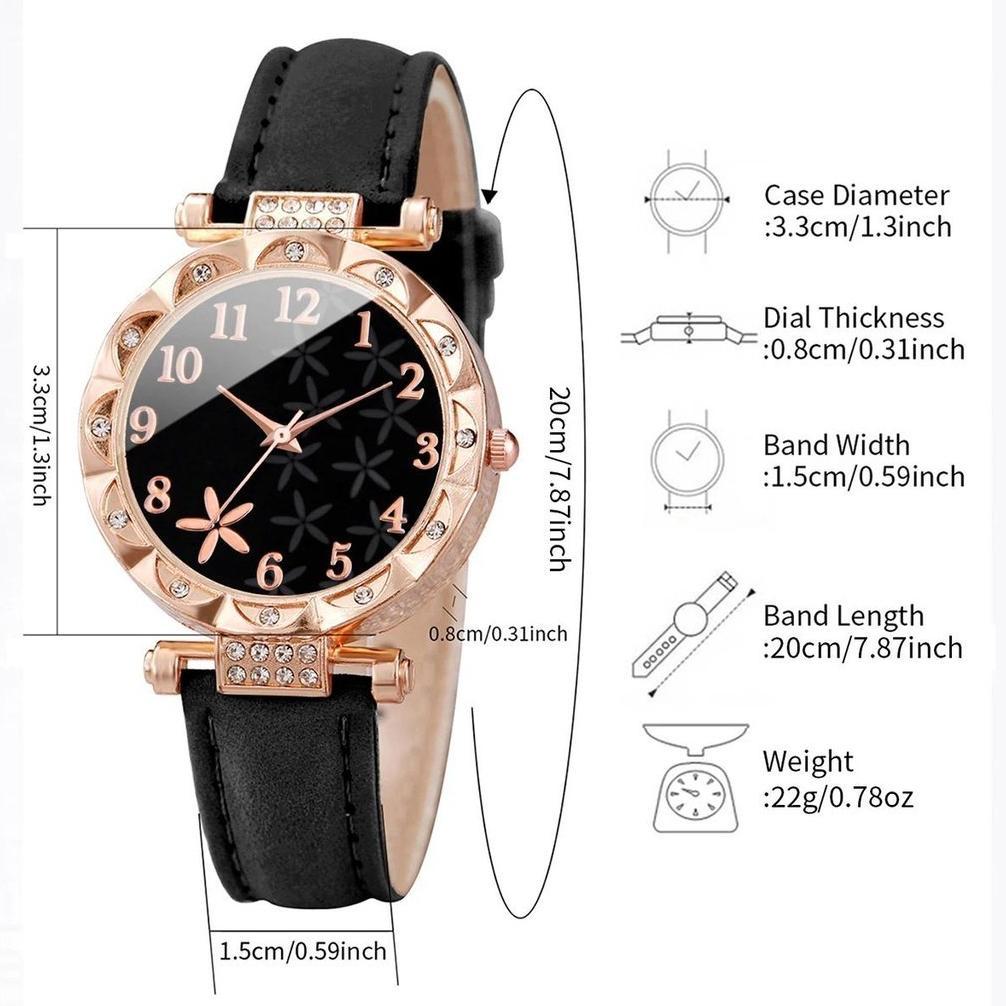 original 4pcs set jam tangan wanita mode bunga dial jam tangan kuarsa kulit gelang jantung - tanpa k