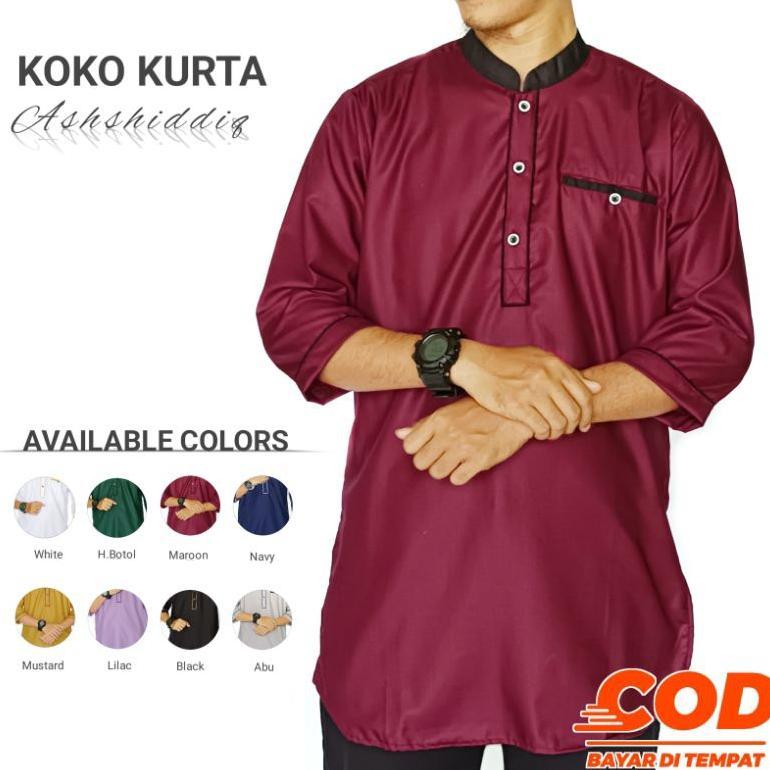 NEW KOKO KURTA ASHSHIDDIQ - BAJU KOKO KURTA PRIA DEWASA LENGAN 3/4 WARNA MUSTARD PUTIH HIJAU BOTOL M