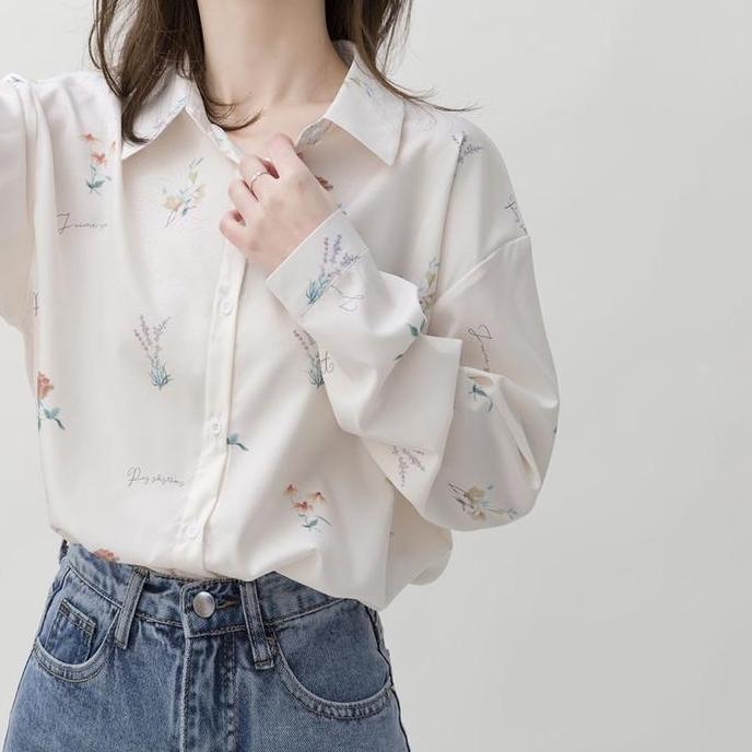 [KYLIE]Kemeja putih motif sifon Korea Style Wanita Atasan
