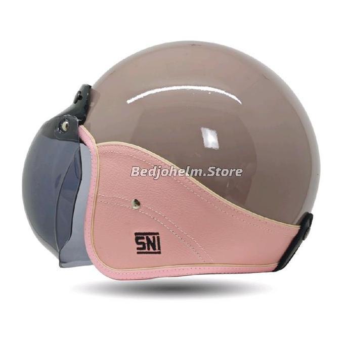 Helm Bogo Dewasa SNI Semi Kulit Polos Full Leher Busa Coklat - Motorcycle LJ