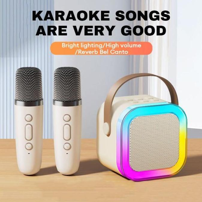 K12 Speaker Bluetooth Mini 2 Mic Portabel Microphone Karaoke Rumah Musik Box Set Jam Bass Wireless B