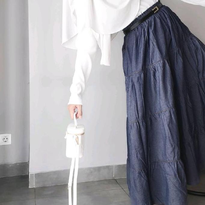 minimalistyle - AURORA Denim Ruffle Skirt Rok Susun Jeans Muslimah Flare Payung Tumpuk Jumbo Panjang