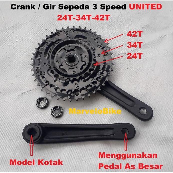 Ready Crank Gir Depan Sepeda 3 Speed 24-34-42T Alloy Merk UNITED