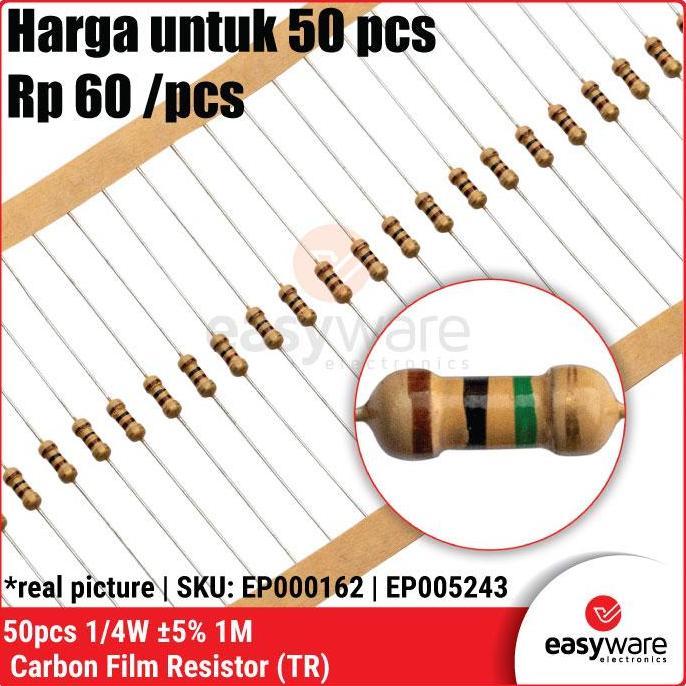 50PCS RESISTOR 1M OHM 1/4W 5% CARBON RESISTOR 1M 0.25W 0.25 WATT RESISTOR 5% EWE27