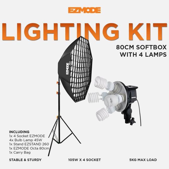 - Ezmode Studio Lighting Stand 4 Lamp + 4 Socket Octagon Softbox 80Cm