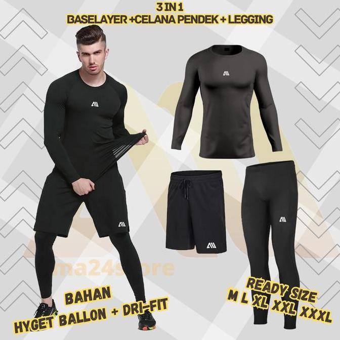 ORIGINAL AMA 3 in 1 Stelan Olahraga Kaos Manset Baselayer Panjang Thumbolle + Celana Pendek Sepak Bo