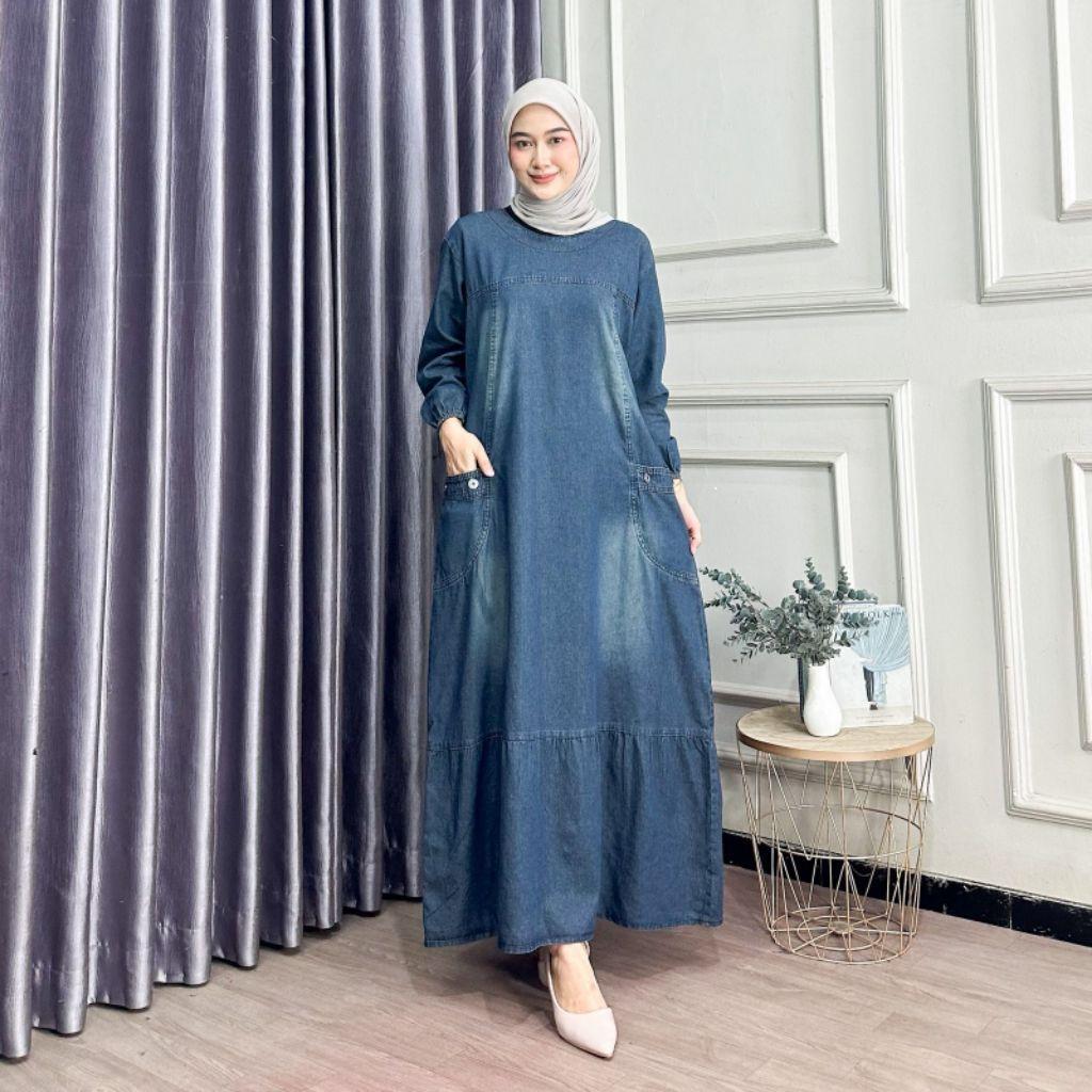 Gamis Susun Jeans Wanita Non Busui Rempel Bawah