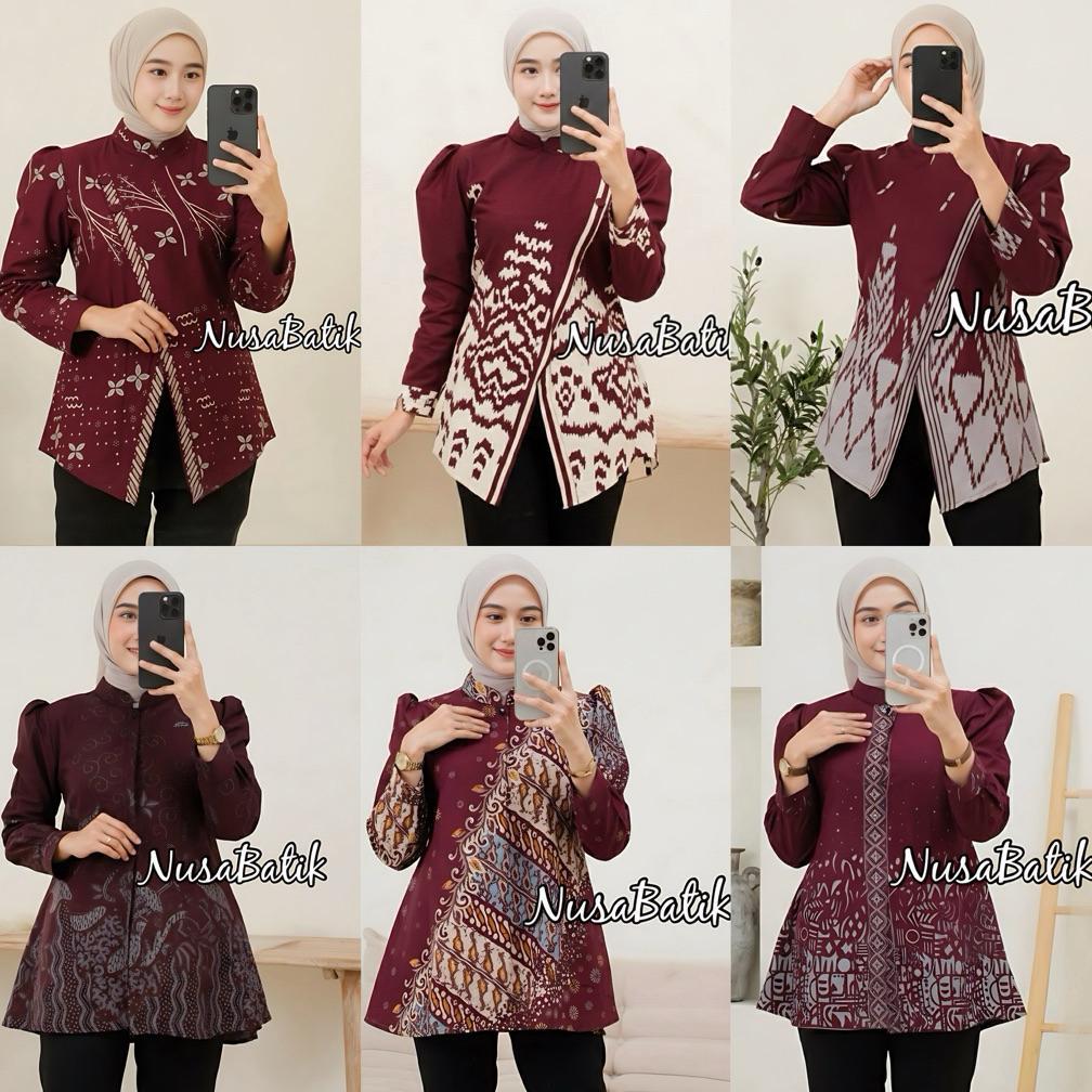 HEMAT ATASAN BATIK WANITA SPESIAL WARNA MERAH/MAROON RED SERIES BAJU BATIK KANTOR WANITA BATIK NEW B