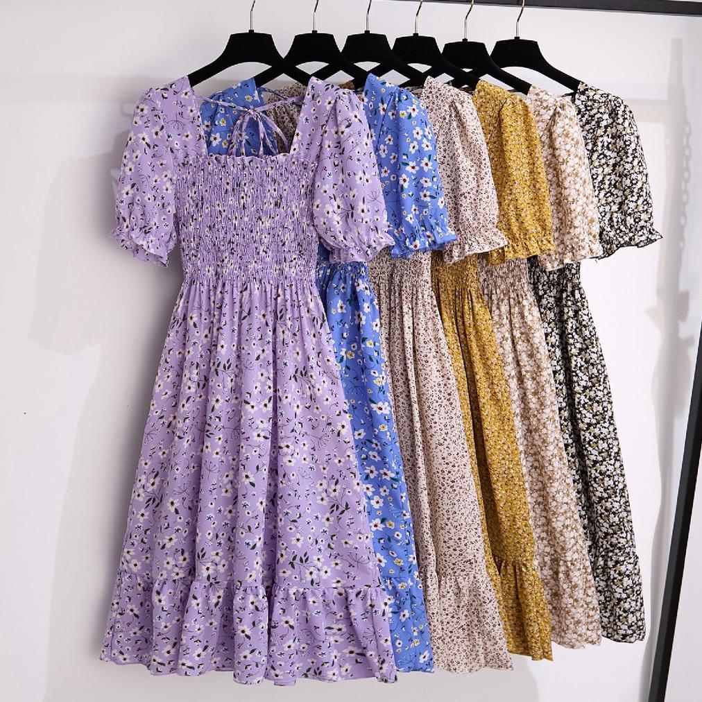 Kualitas Tinggi New Hitam Kuning Merah Muda Hijau Merah Biru Ungu Floral Midi Dress Korea Style Pant